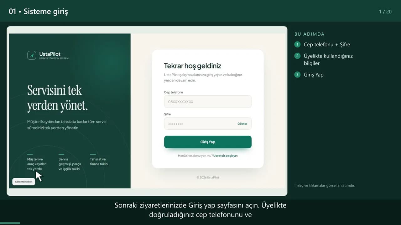 UstaPilot kullanım eğitiminden giriş ekranı